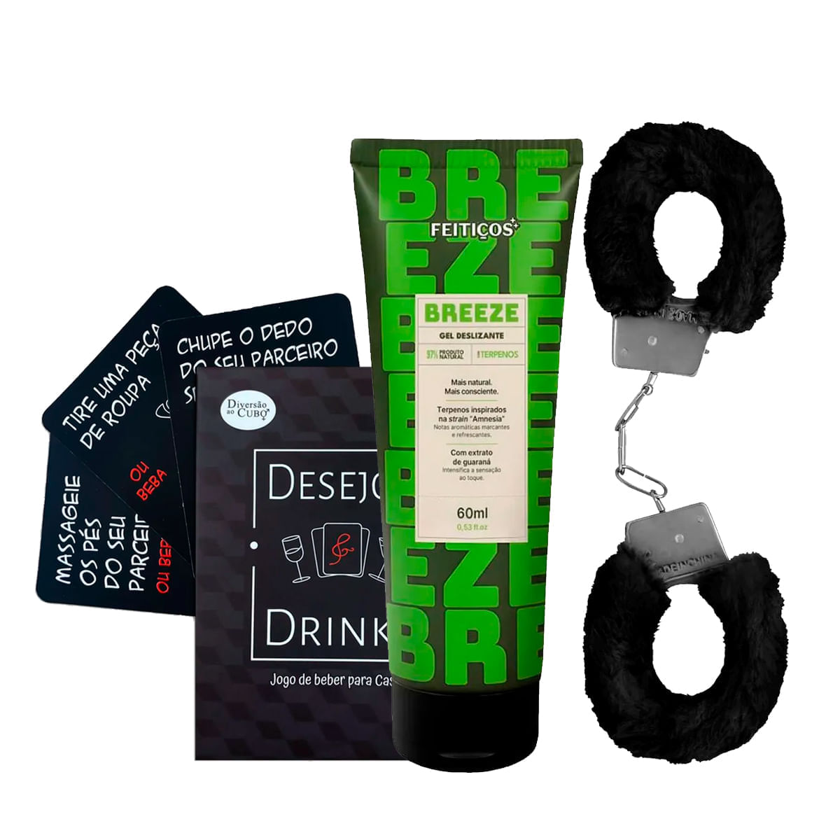 Kit com Breeze Gel Deslizante Algema de Metal Pelúcia e Desejos e Drinks Jogo de Cartas