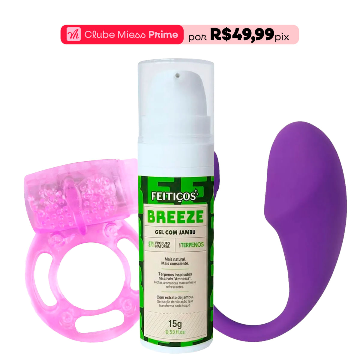 Kit com Breeze Excitante em Gel Anel Peniano com Vibrador e Abel Estimulador Ponto G