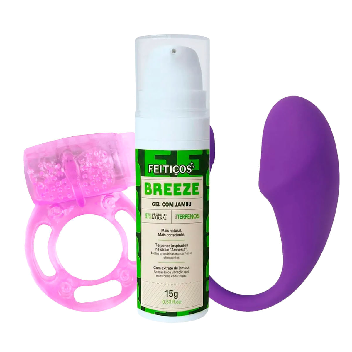 Kit com Breeze Excitante em Gel Anel Peniano com Vibrador e Abel Estimulador Ponto G
