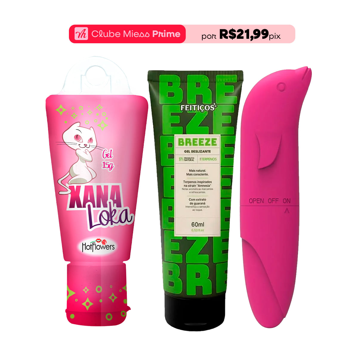 Kit com Xana Loka Vibrador Ponto G Golfinho Aveludado e Breeze Gel Deslizante