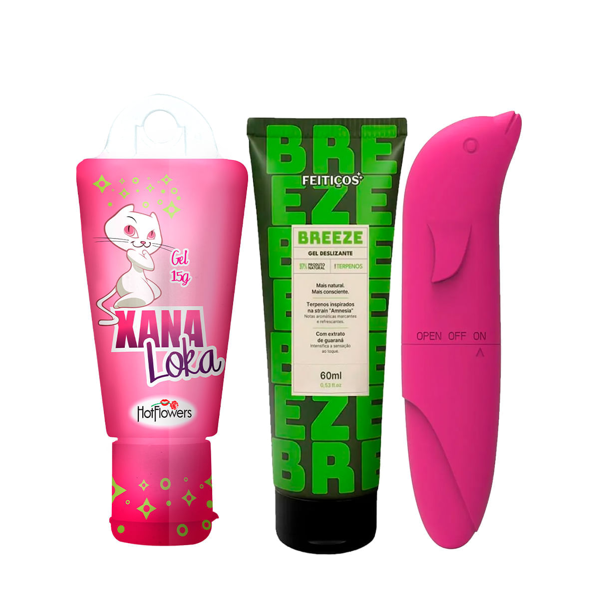 Kit com Xana Loka Vibrador Ponto G Golfinho Aveludado e Breeze Gel Deslizante