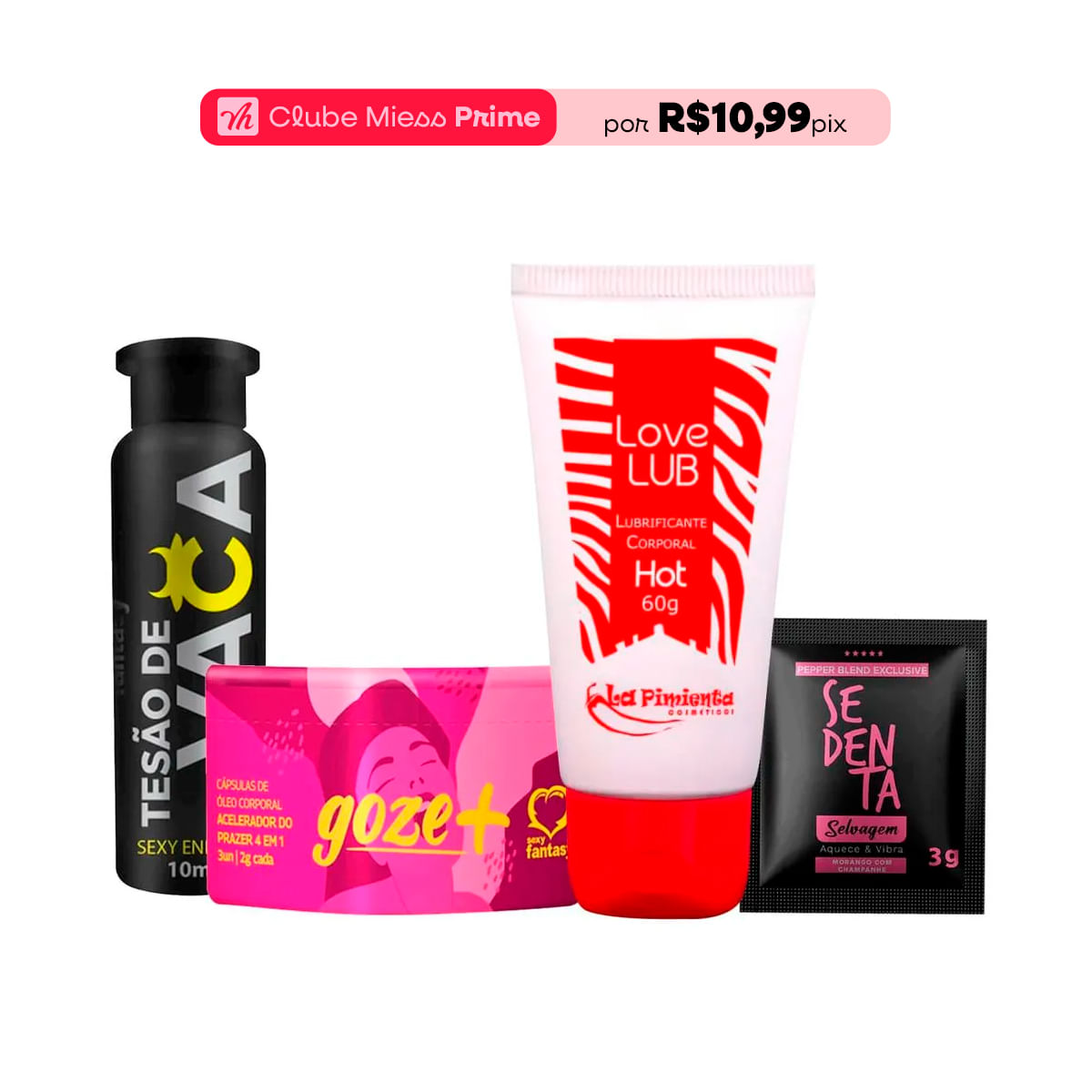 Kit com Love Lub Hot Tesão de Vaca Sachê Sedenta Selvagem e Goze + Cápsulas