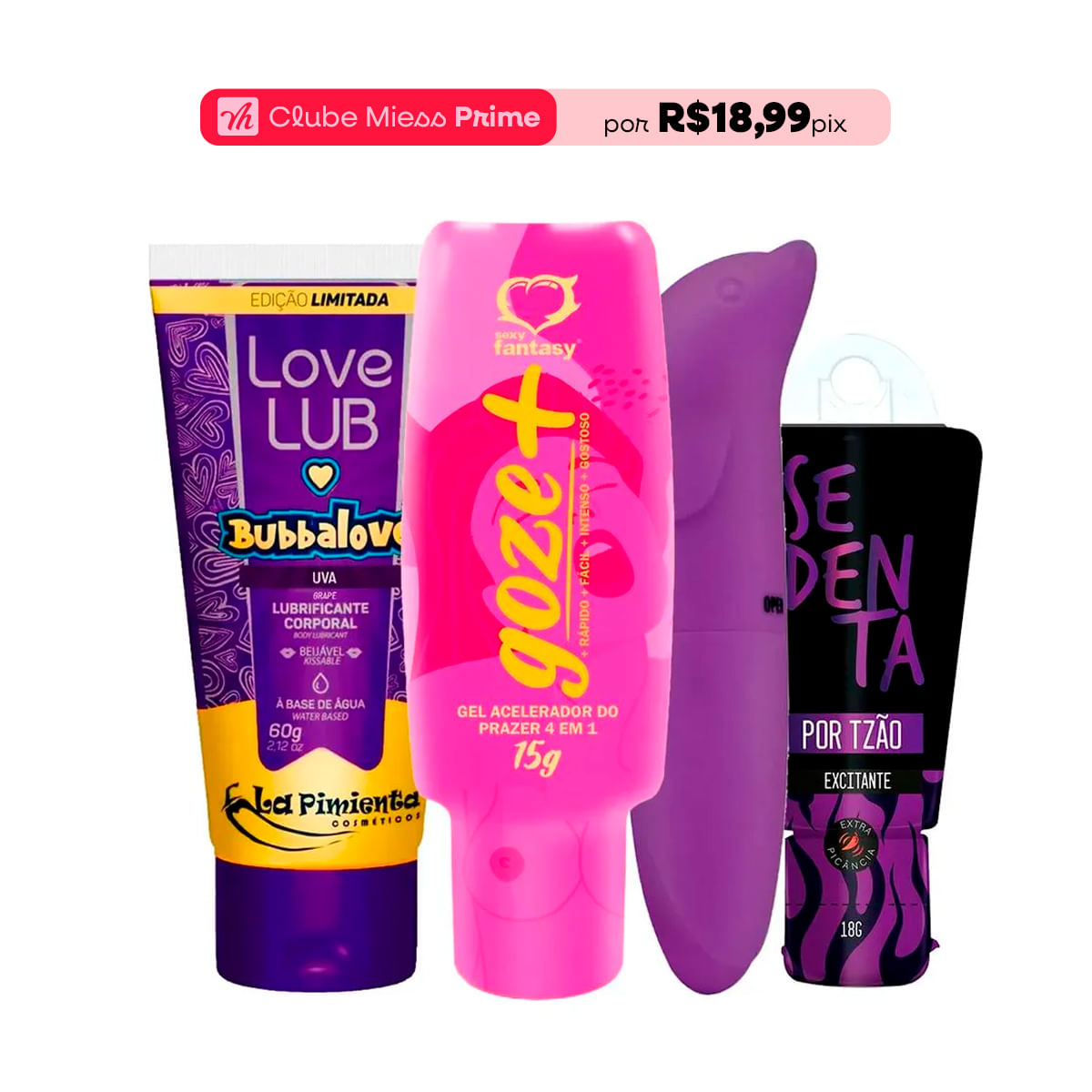 Kit com Love Lub LapiLove Goze + Vibrador Ponto G Golfinho Aveludado e Sedenta por Tesão