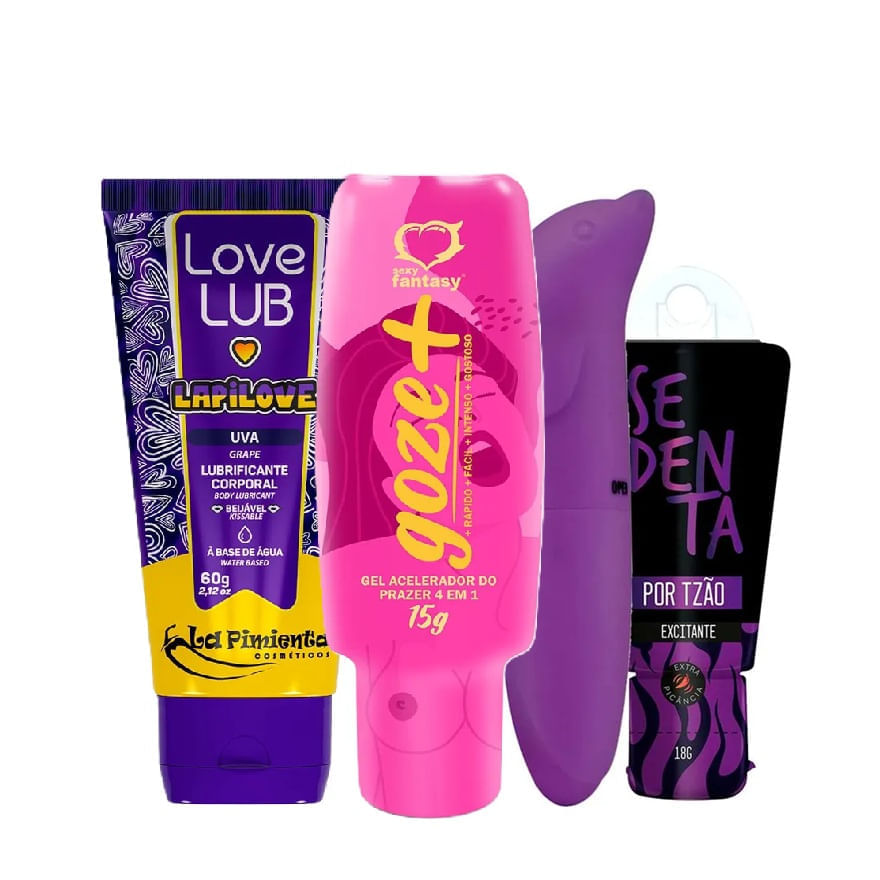 Kit com Love Lub LapiLove Goze + Vibrador Ponto G Golfinho Aveludado e Sedenta por Tesão