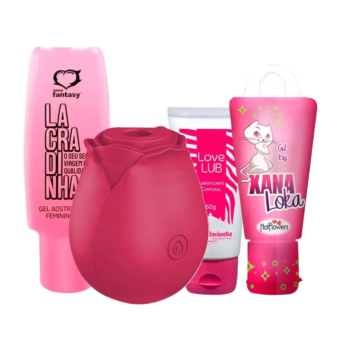 Kit com Xana Loka Lacradinha Love Lub e Rosa Estimuladora