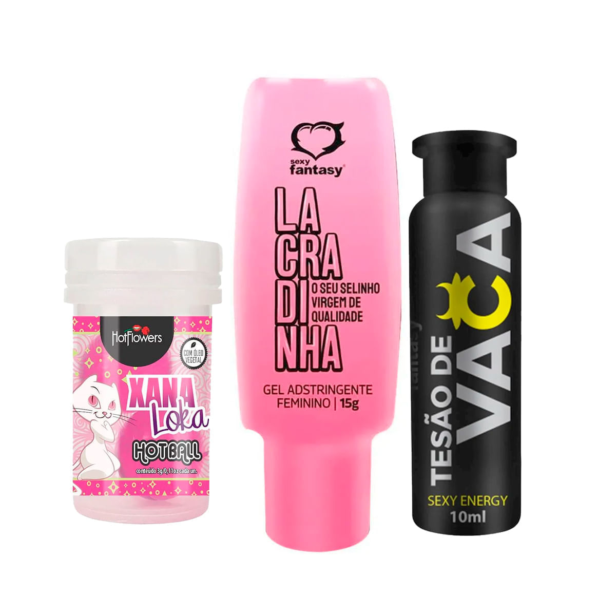 Kit com Lacradinha Adstringente Tesão de Vaca Afrodisíaco e Hot Ball Xana Loka Bolinha