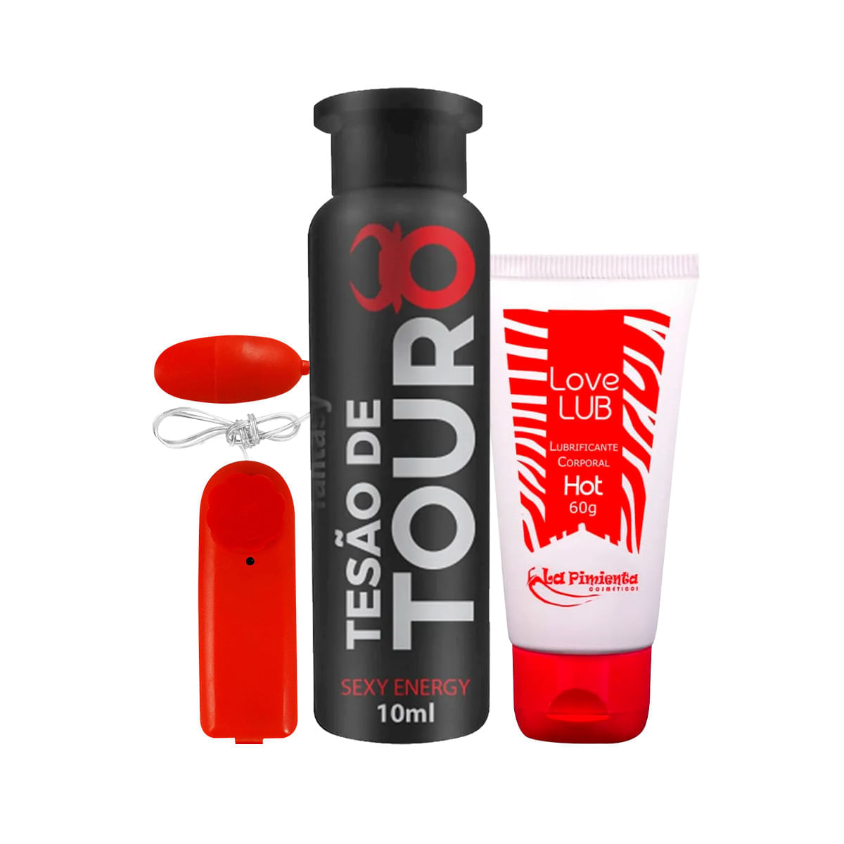 Kit com Love Lub Hot Lubrificante Corporal Tesão de Touro Afrodisíaco Natural e Vibro Ó Bullet