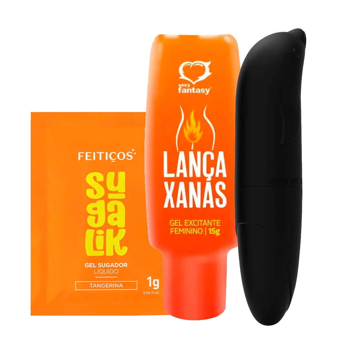 Kit com Sachê Sugalik Sugador Líquido Lança Xanas Excitante e Vibrador Golfinho