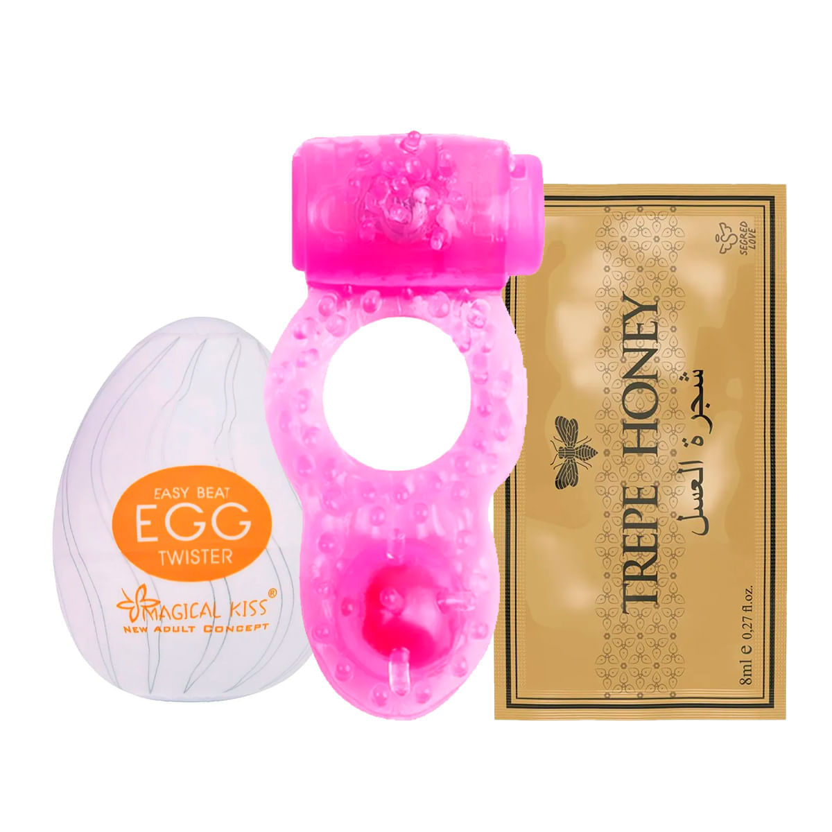 Kit com Egg Twister Anel Peniano com Vibrador e Pérola Estimuladora e Trepe Honey