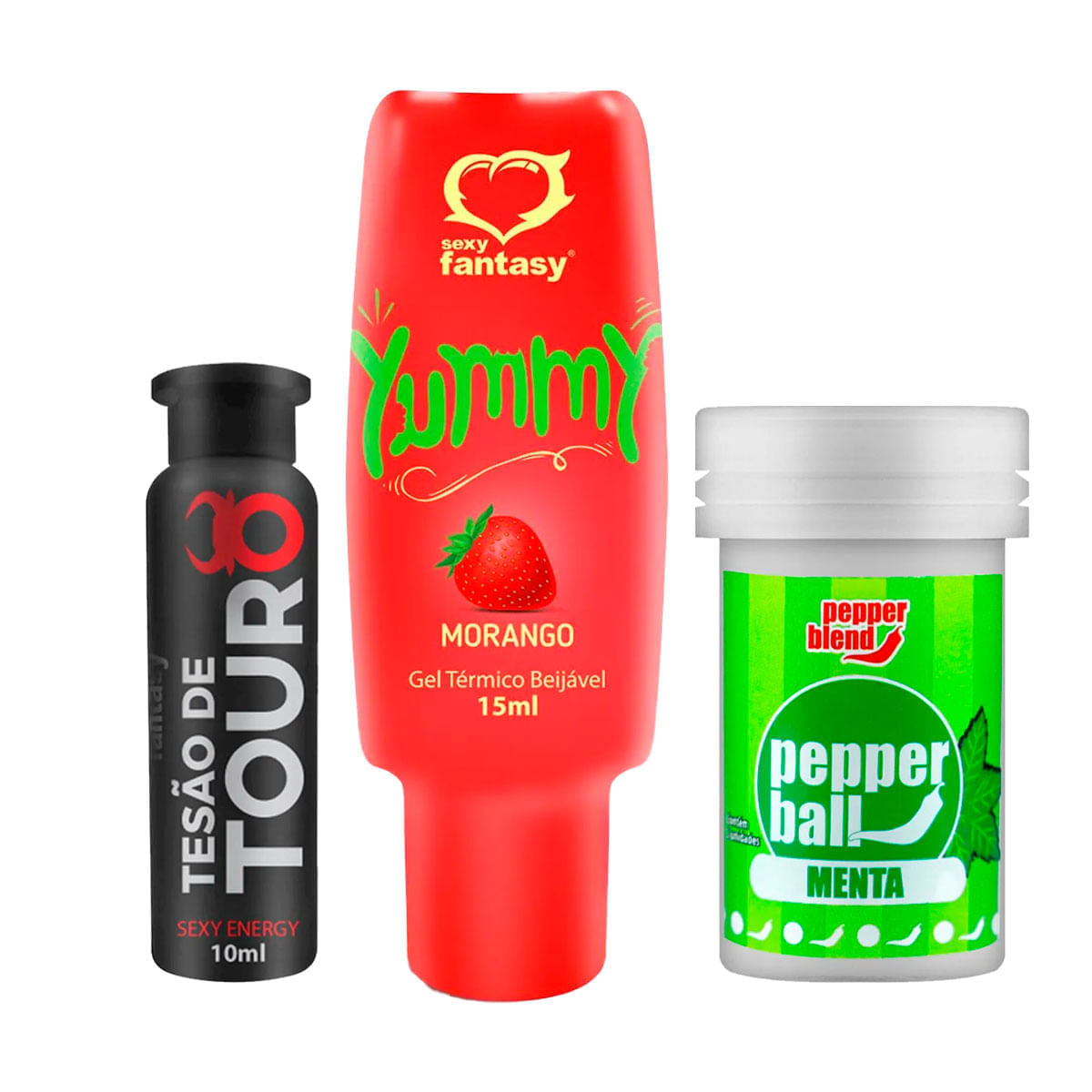 Kit com Tesão de Touro Afrodisíaco Pepper Ball Bolinha e Yummy Gel Térmico