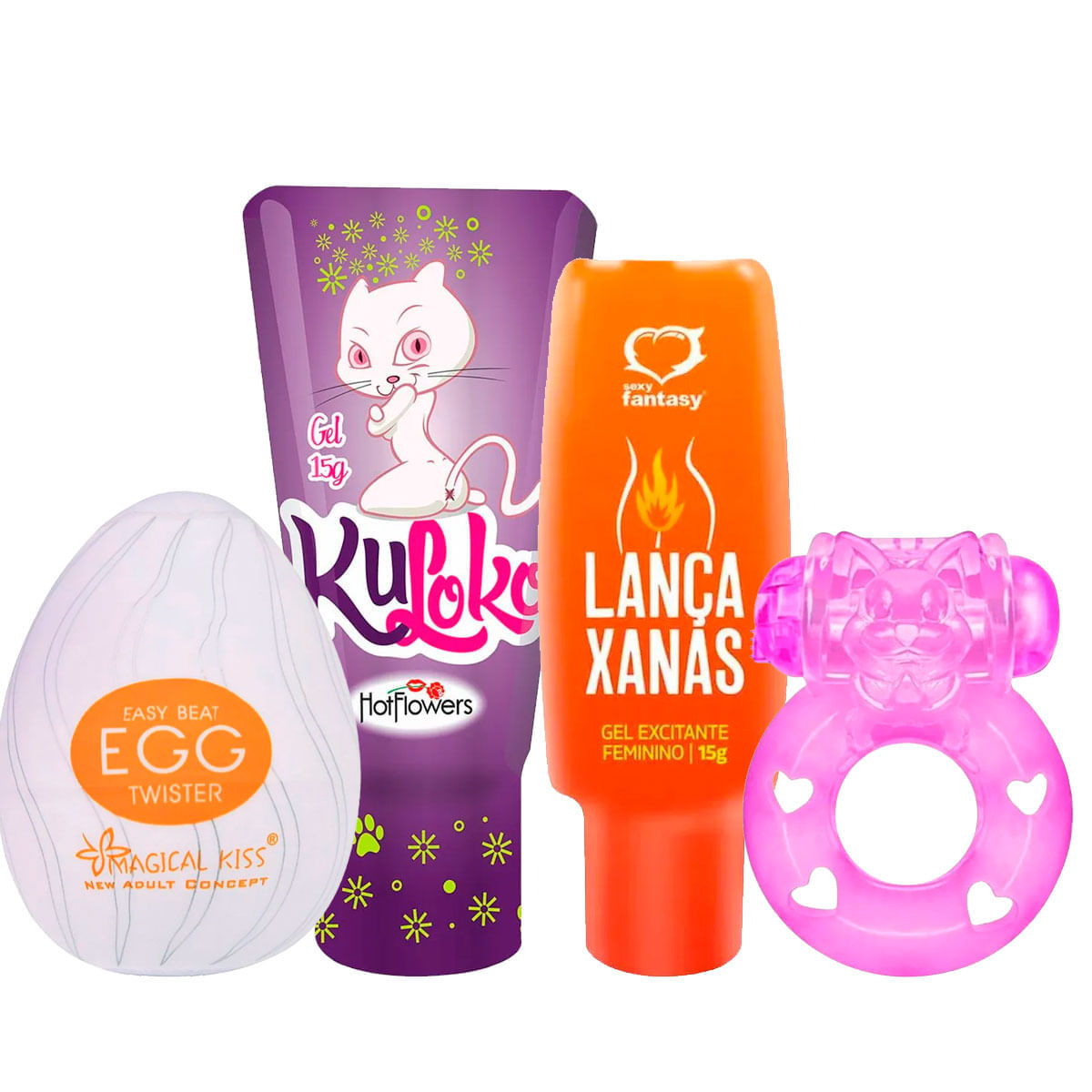 Kit com Dessensibilizante Kuloko Lança Xanas Gel Excitante Masturbador Egg Twister e Anel Peniano