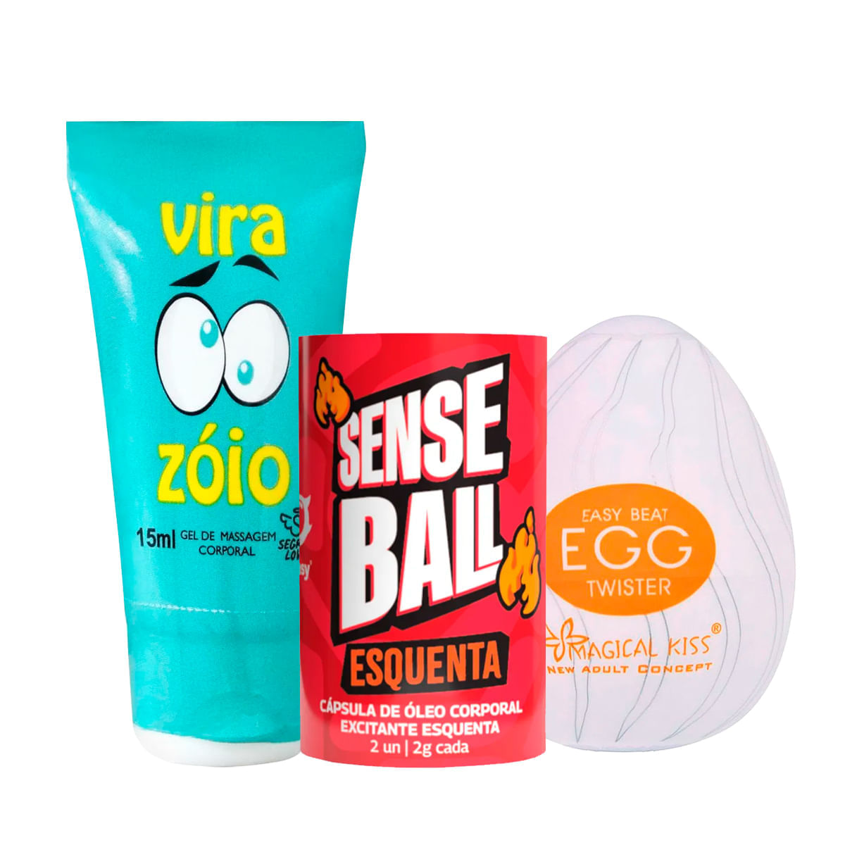 Kit com Capsula Sense Ball Esquenta Egg Twister Masturbador Masculino e Vira Zóio