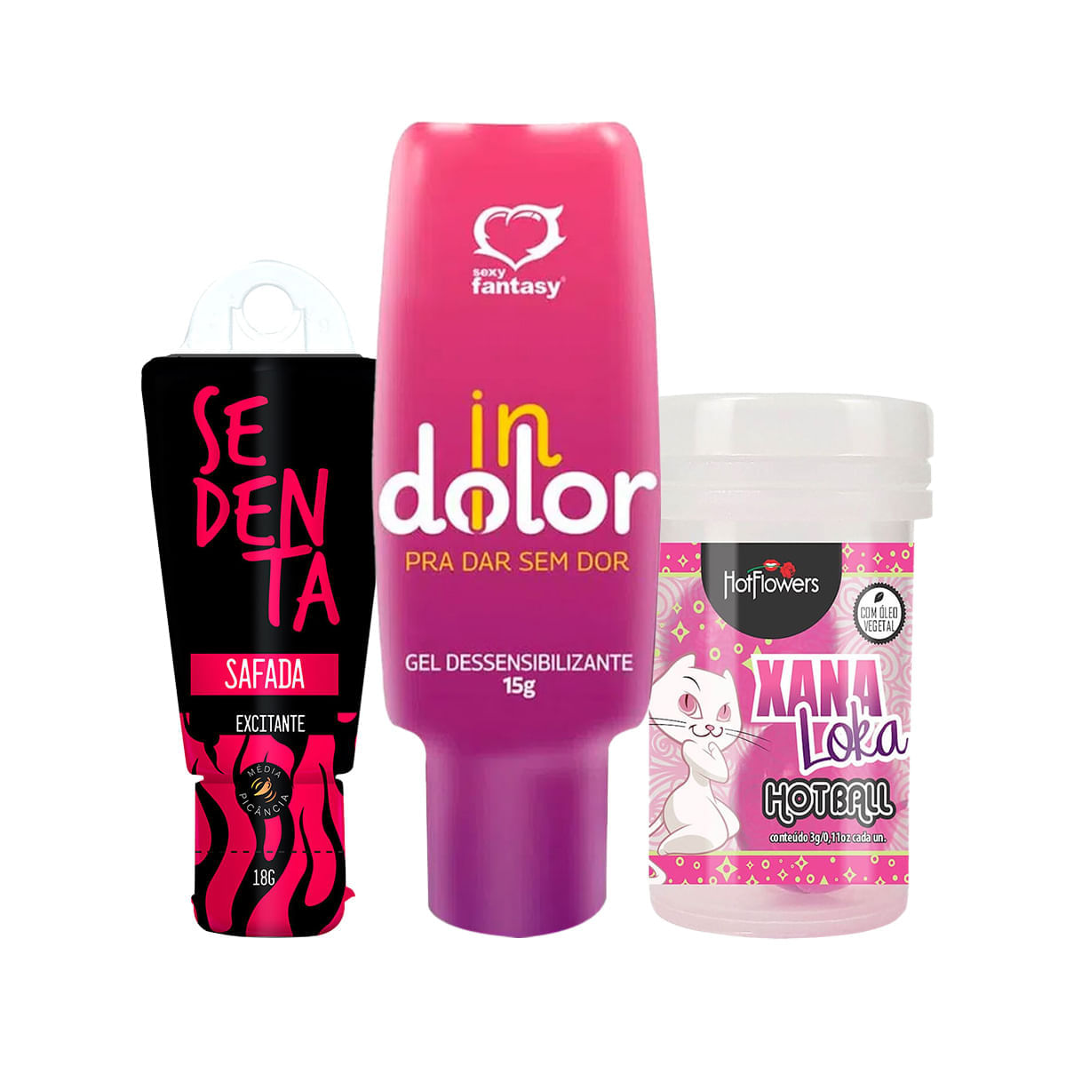 Kit com InDolor Gel Dessensibilizante Sedenta Safada Excitante e Hot Ball Xana Loka