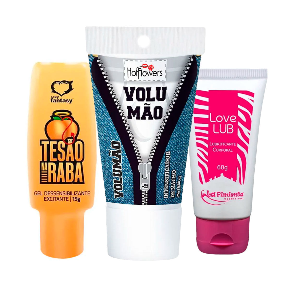 Kit com Volumão Excitante Tesão na Raba Dessensibilizante e Love Lub Lubrificante