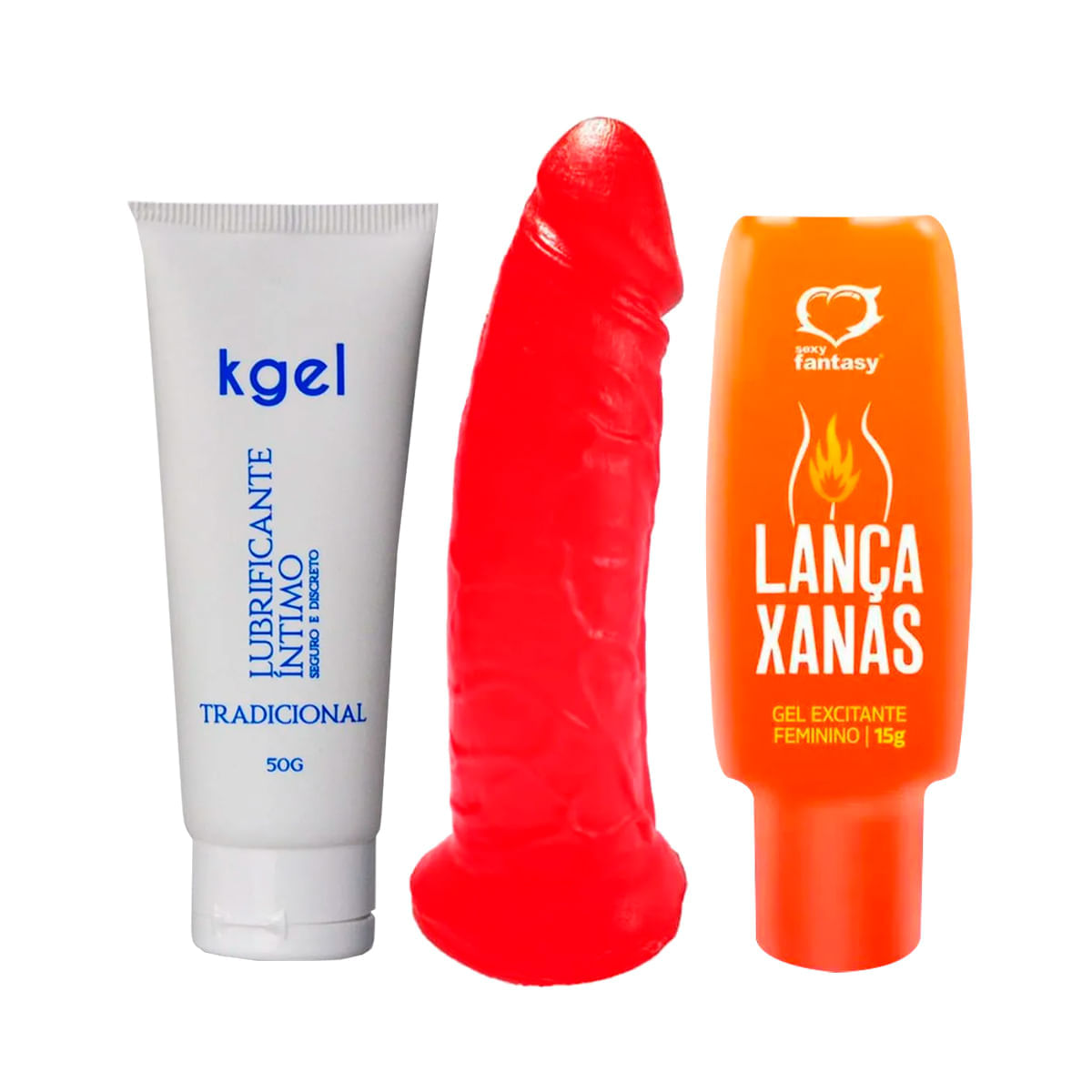 Kit com KGEL Lubrificante Íntimo Tortinho Prótese Aromatizada e Lança Xanas