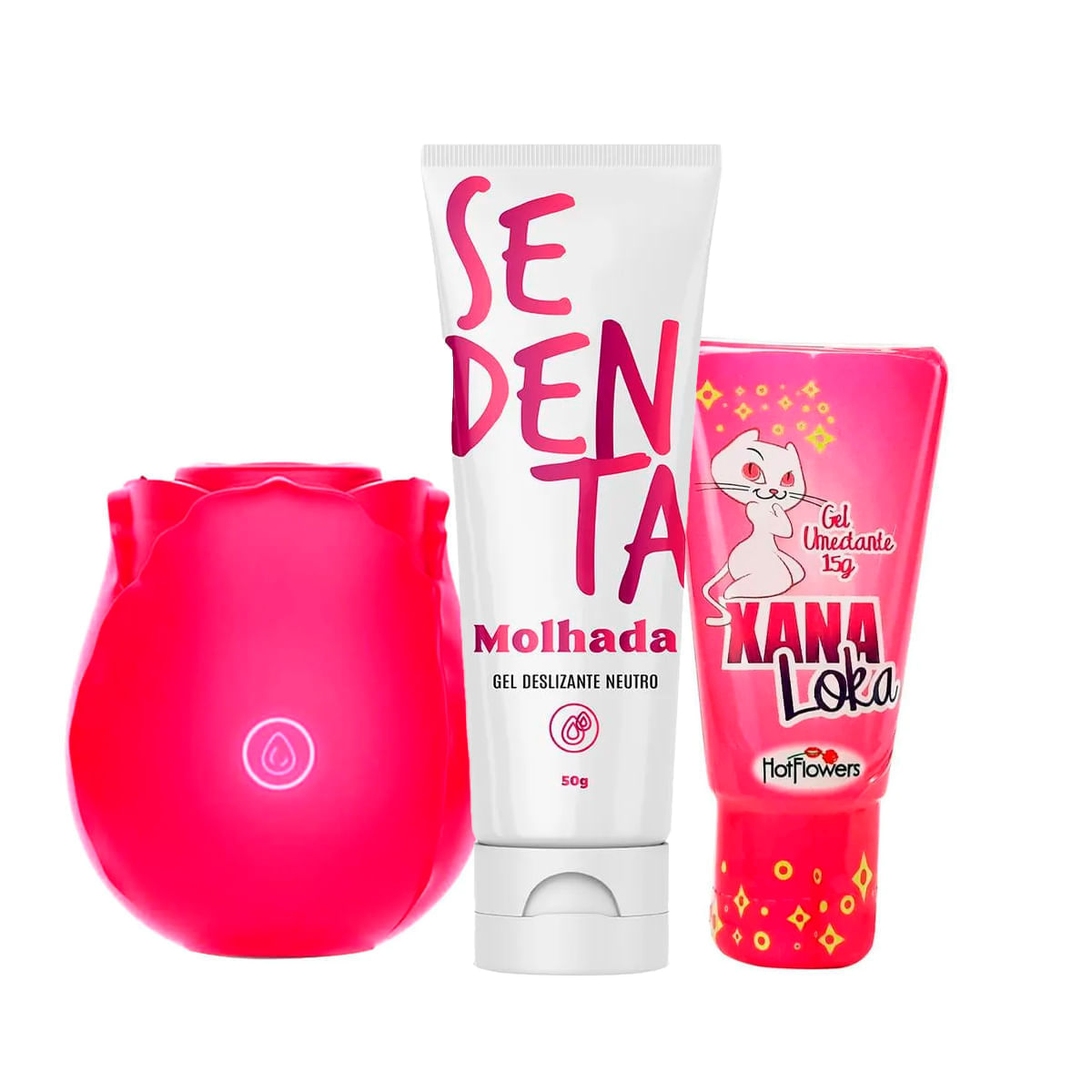 Kit com Estimulador em Formato de Rosa Gel Deslizante Sedenta Molhada e Xana Loka Excitante Feminino