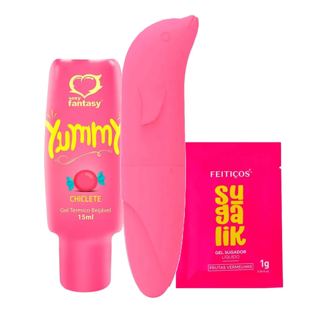 Kit com Yummy Gel Beijável MyVibro Golfinho e Sachê Sugalik Sugador Líquido