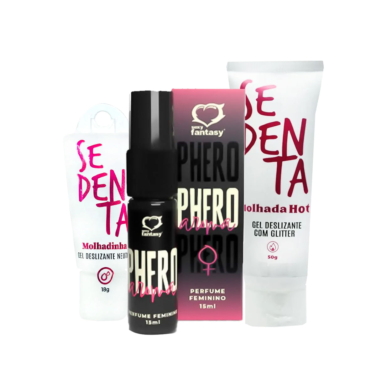 Kit com Sedenta Molhada Sedenta Molhadinha e Perfume Phero Aroma Feminino