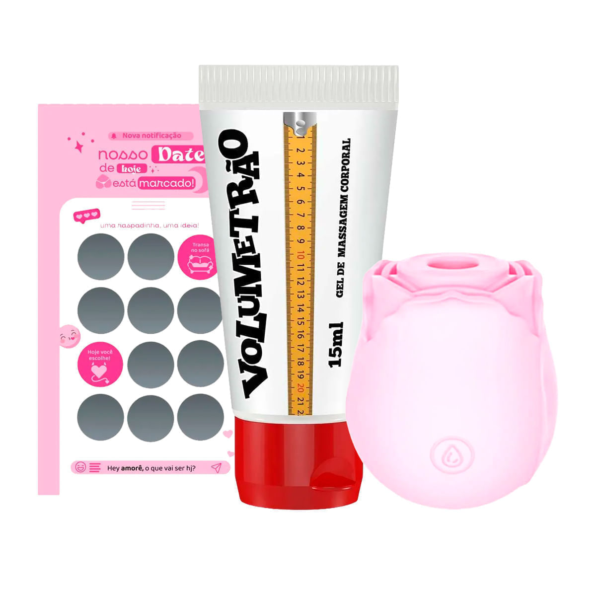 Kit com Estimulador em Formato de Rosa Volumetrão e Raspadinha