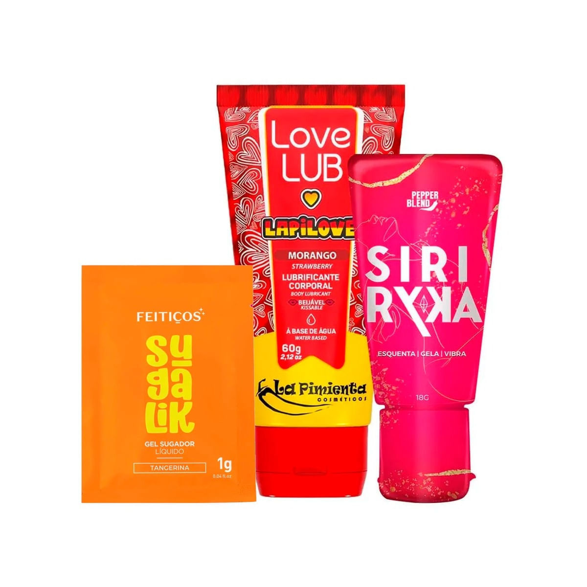 Kit com Sachê Sugalik Sugador Love Lub LapiLove Lubrificante e Siri Ryka Excitante