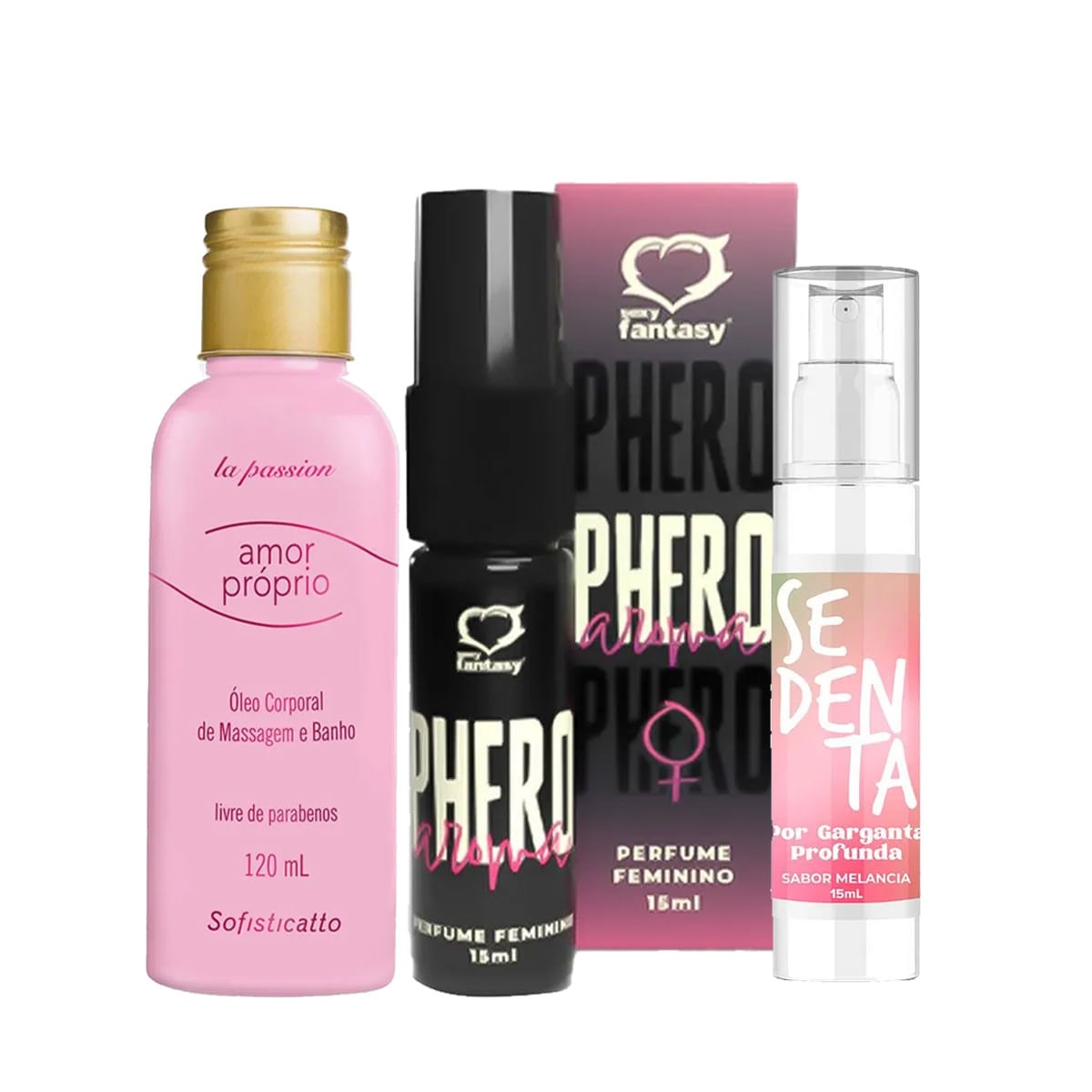 Kit Amor Próprio Óleo Corporal Sedenta por Garganta Profunda e Perfume Phero Aroma Feminino