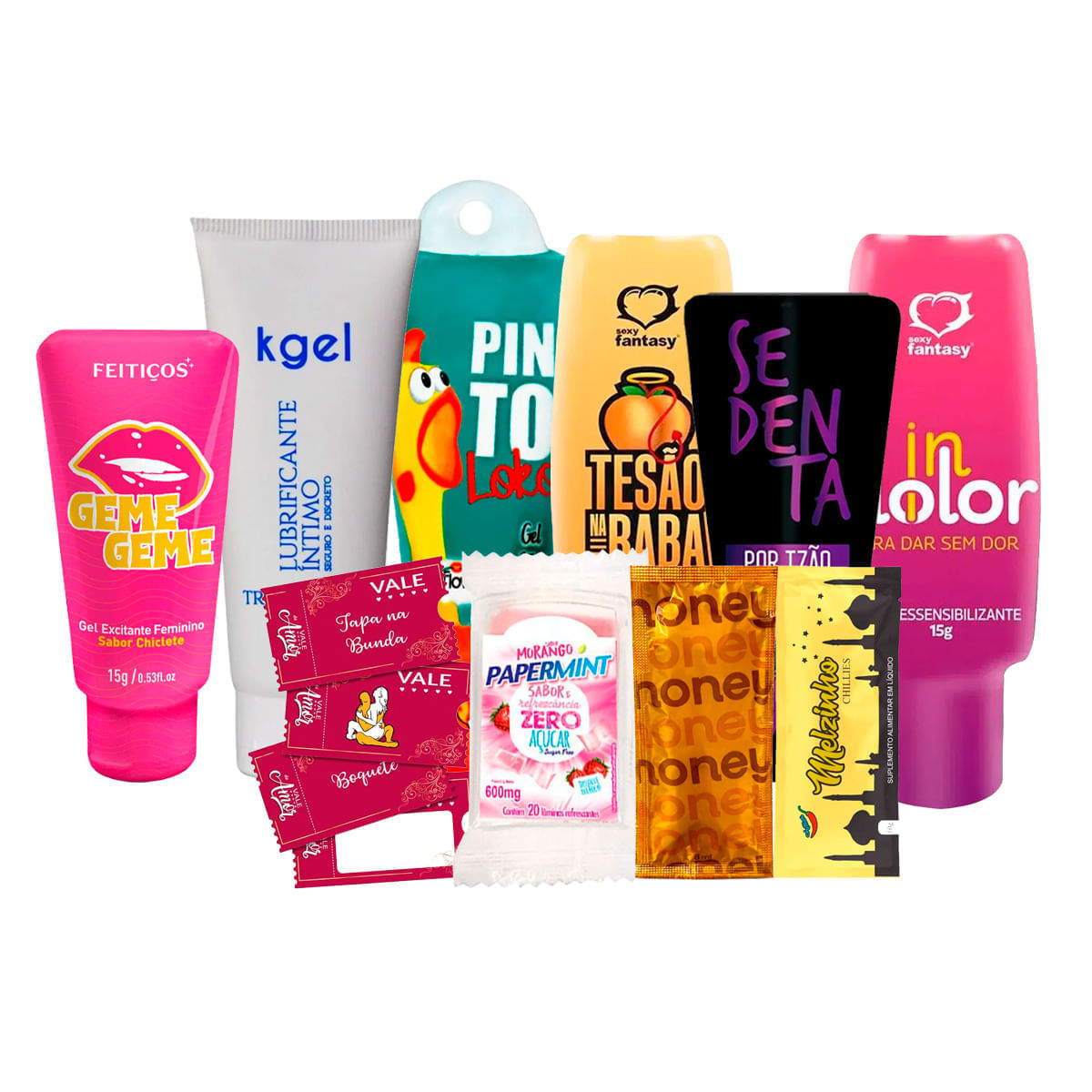 Kit com Pinto Loko Tesão na Raba KGEL Sedenta por Tesão Geme Geme Melzinho Vale do Amor Papermint MyHoney e InDolor