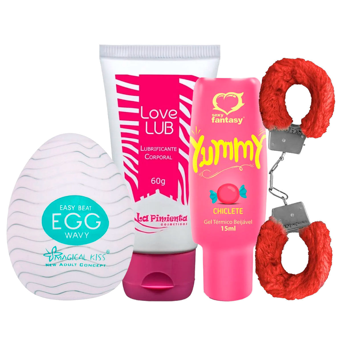 Kit com Love Lub Gel Yummy Egg Wavy e Algema de Pelúcia