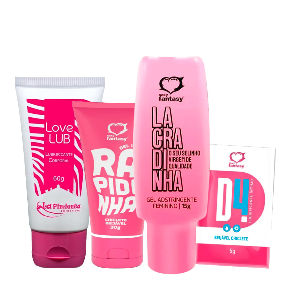 Kit com Love Lub Neutro Lubrificante Rapidinha Lacradinha e D4 Lubrificante Beijável
