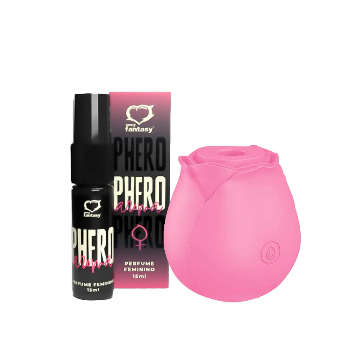 Duplinha com Perfume Phero Aroma Feminino e Estimulador de Clitóris em Formato de Rosa
