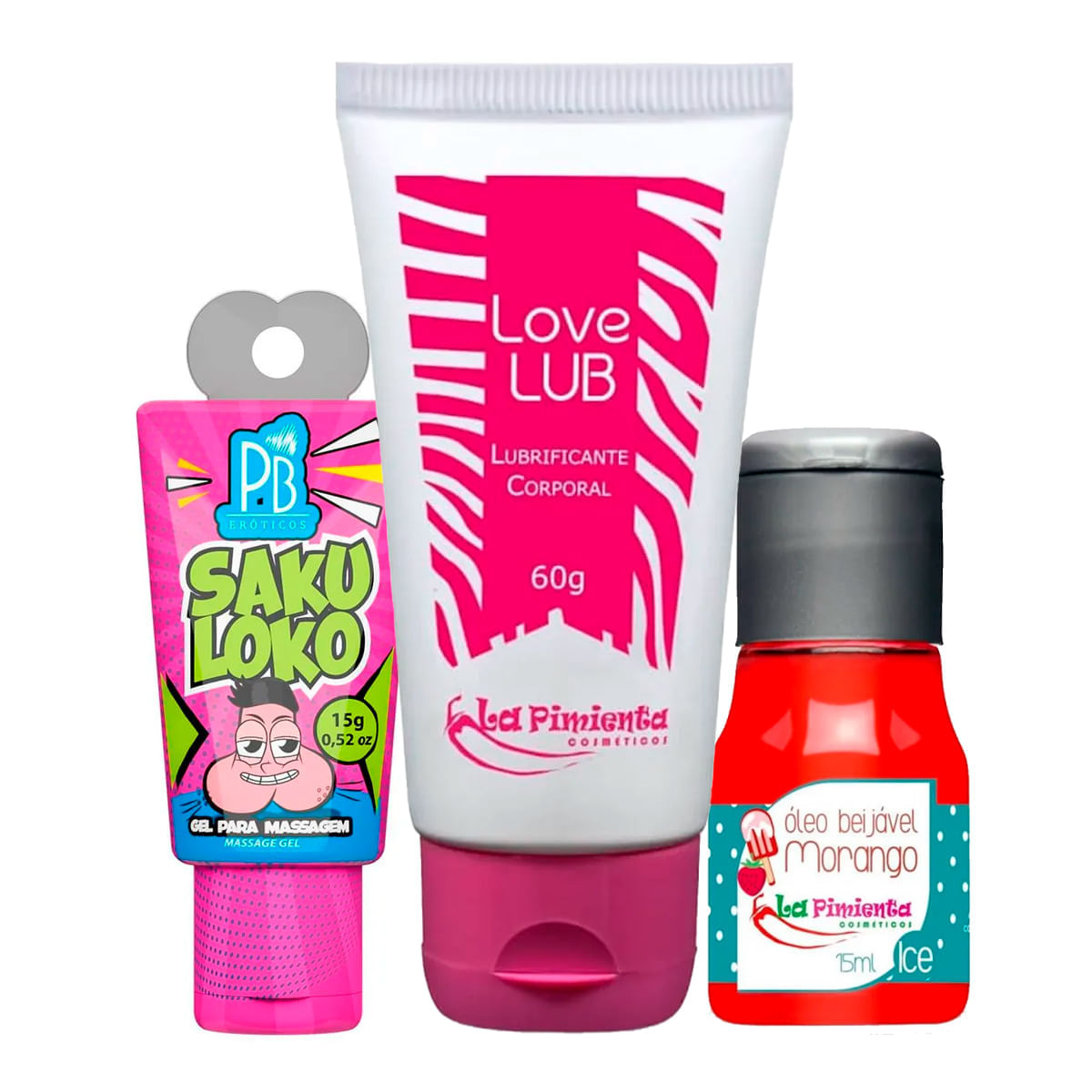 Kit com Óleo Beijável para Massagem Ice de Morango Gel Saku Loko e Love Lub Neutro