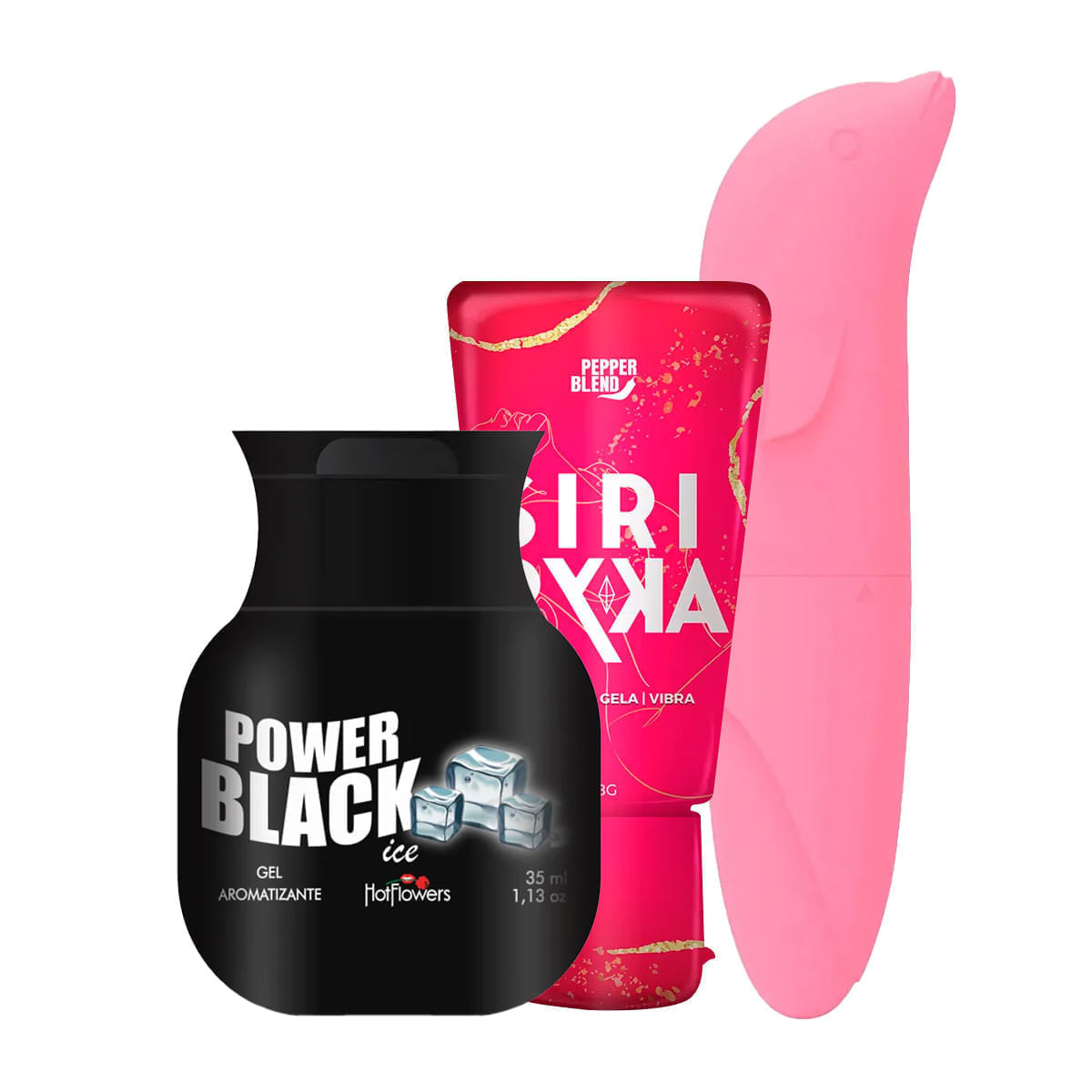 Kit com Power Black Ice Gel MyVibro Vibrador Golfinho e Siri Ryka Excitante