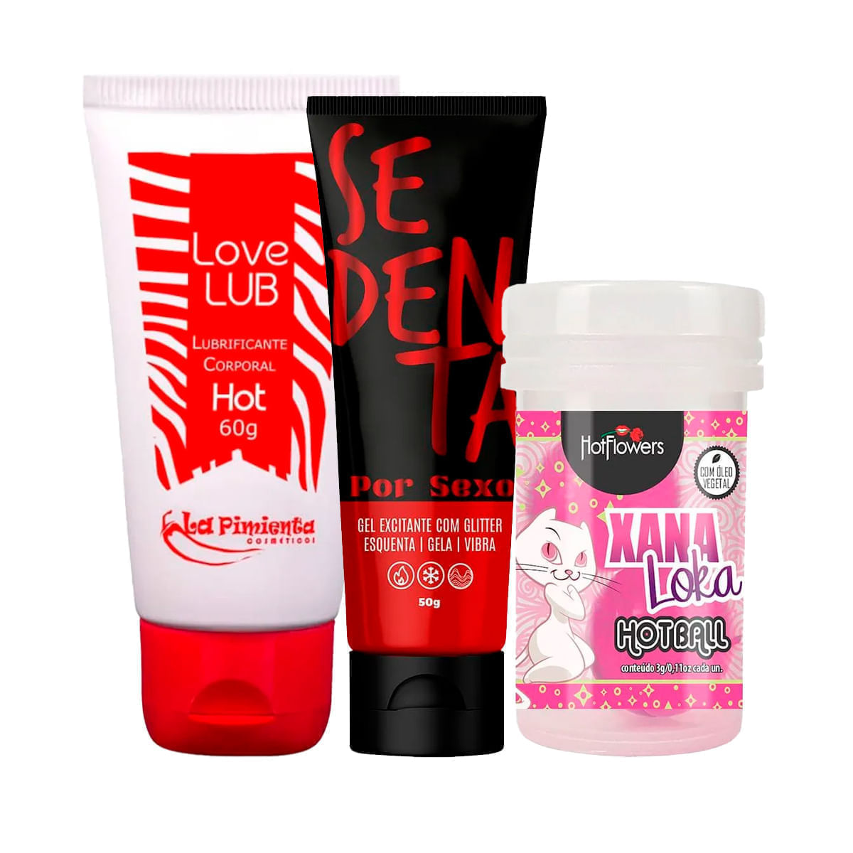 Kit com Sedenta Por Sexo Gel Comestível Love Lub Lubrificante Hot e Hot Ball Xana Loka
