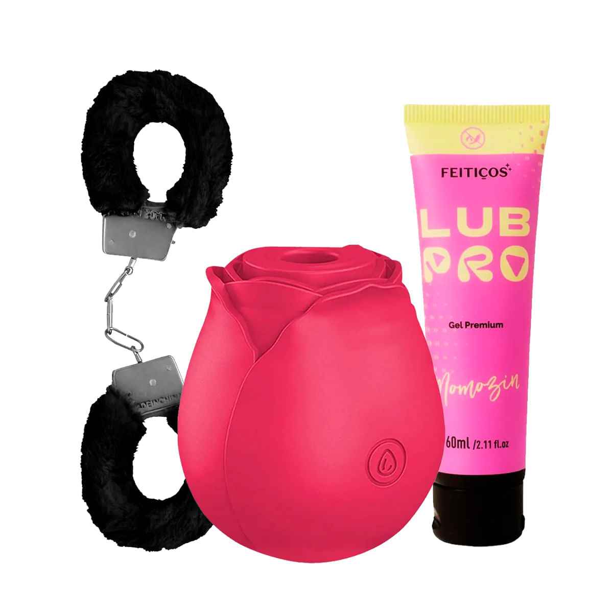 Kit com LubPro Momozin Rosa Estimuladora e Algema de Metal Pelúcia