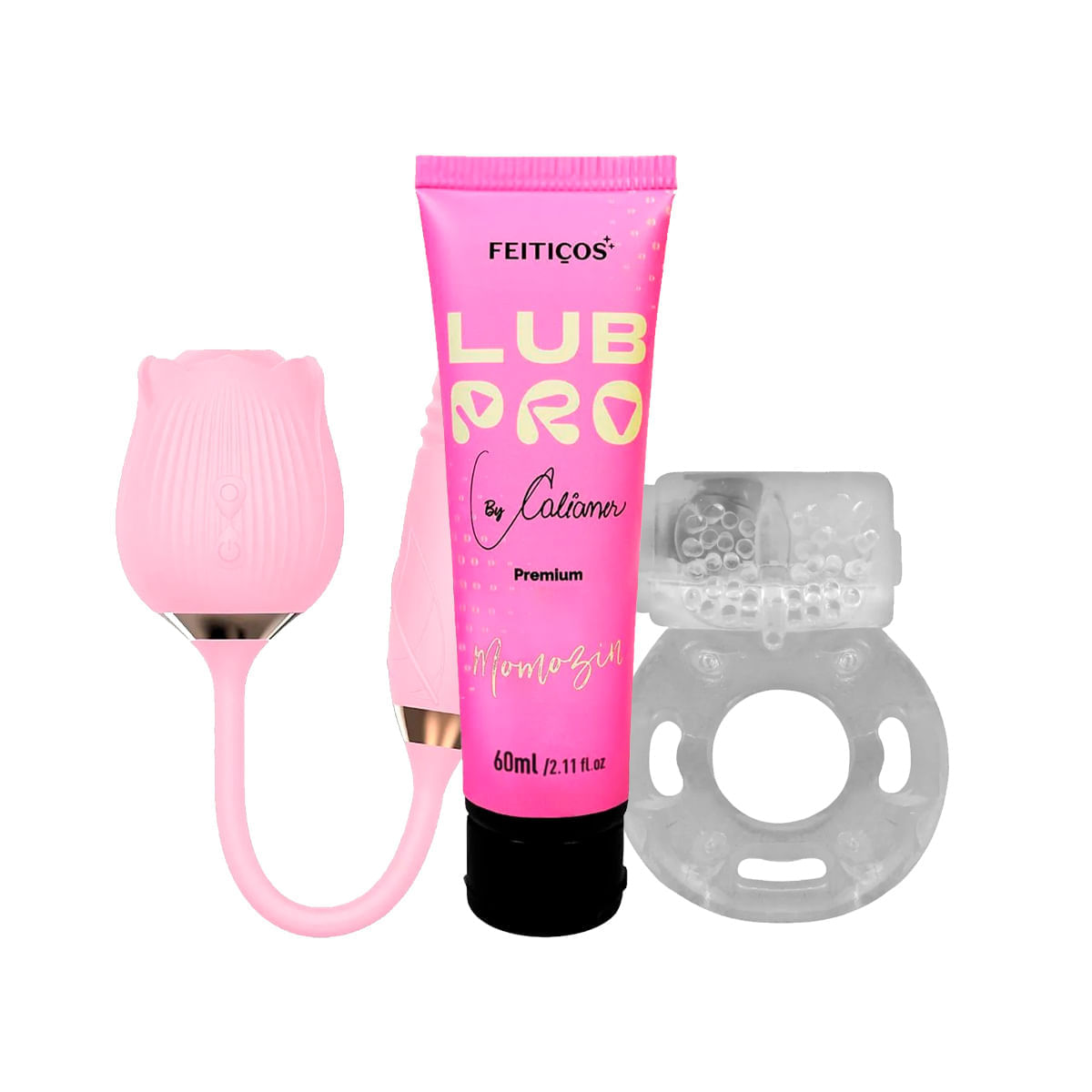 Kit com Vibrador Formato de Rosa Anel Peniano com Vibrador e LubPro Momozin