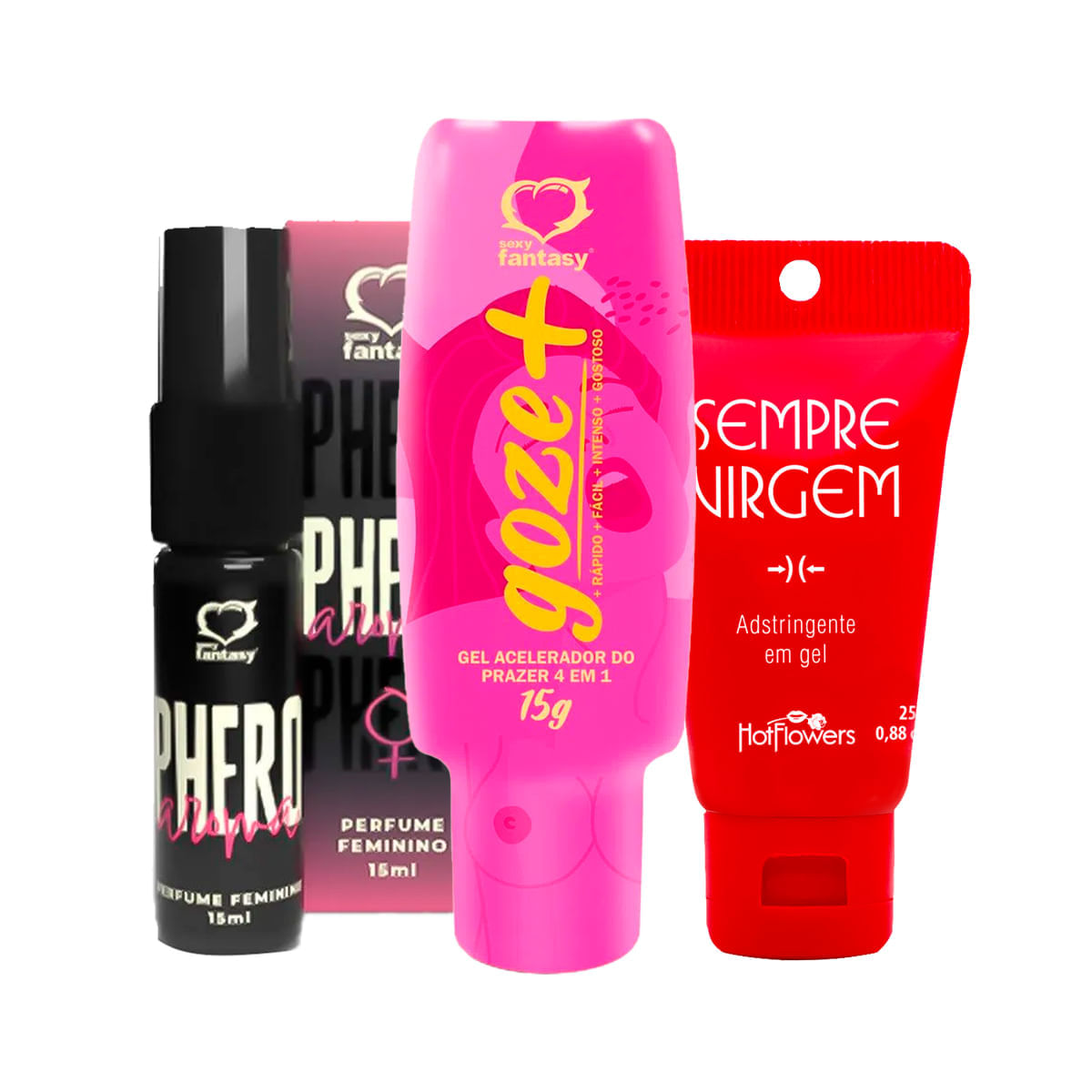 Kit com Gel Adstringente Sempre Virgem Goze + Gel Acelerador do Prazer e Perfume Phero Aroma Feminin