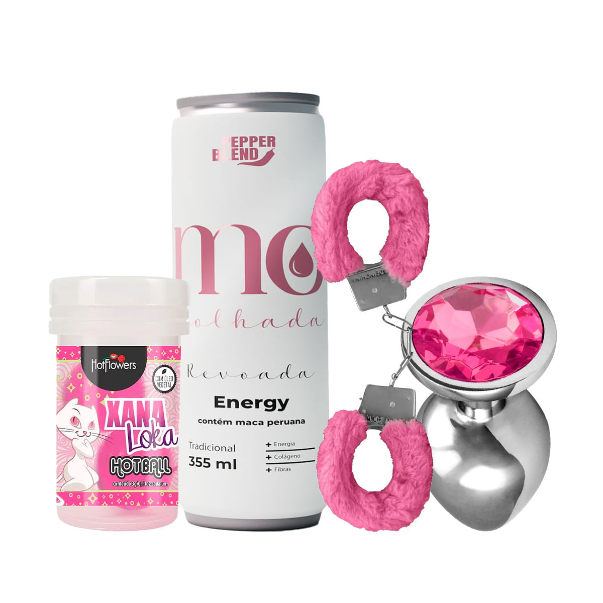 Kit com Energético Estimulante Revoada Algema MyCuff Hot Ball Xana Loka e Plug Anal de Aço