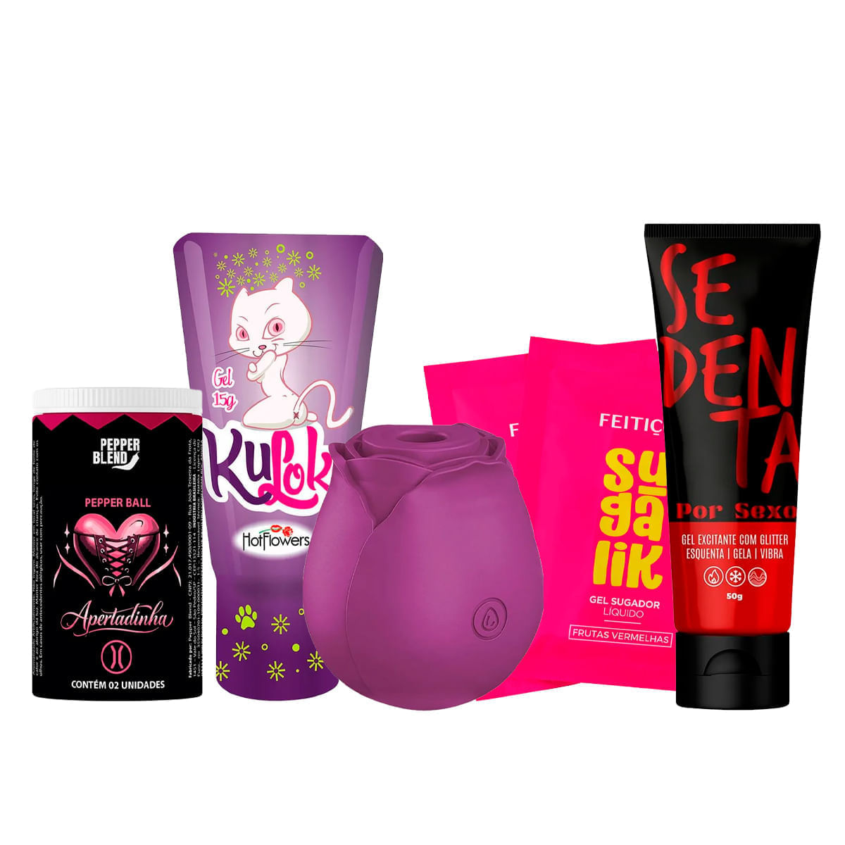 Kit com Kuloko Rosa Estimuladora Pepper Ball Apertadinha Sachê Sugalik e Sedenta Por Sexo