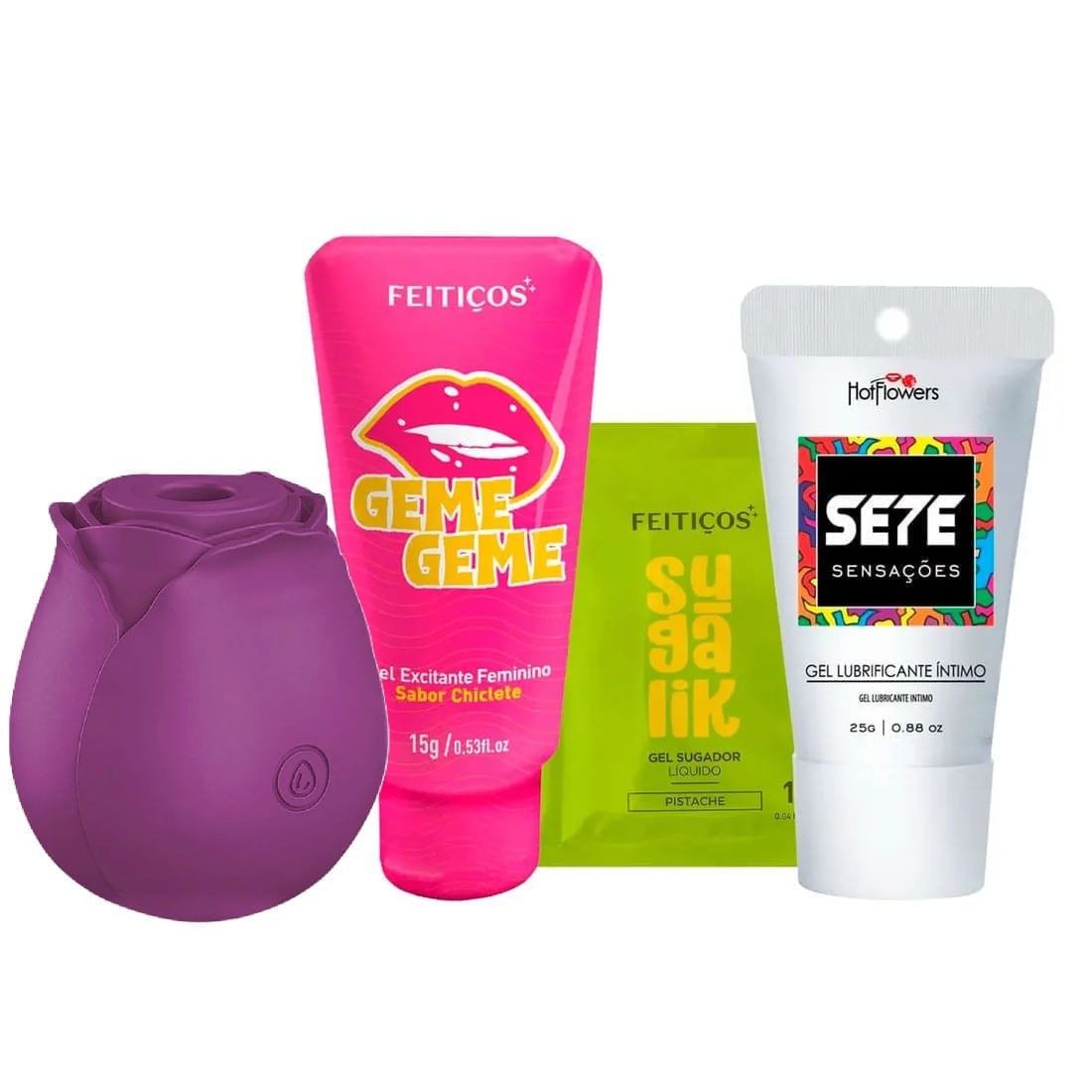Kit com Rosa Estimuladora Geme Geme Sachê Sugalik e Sete Sensações