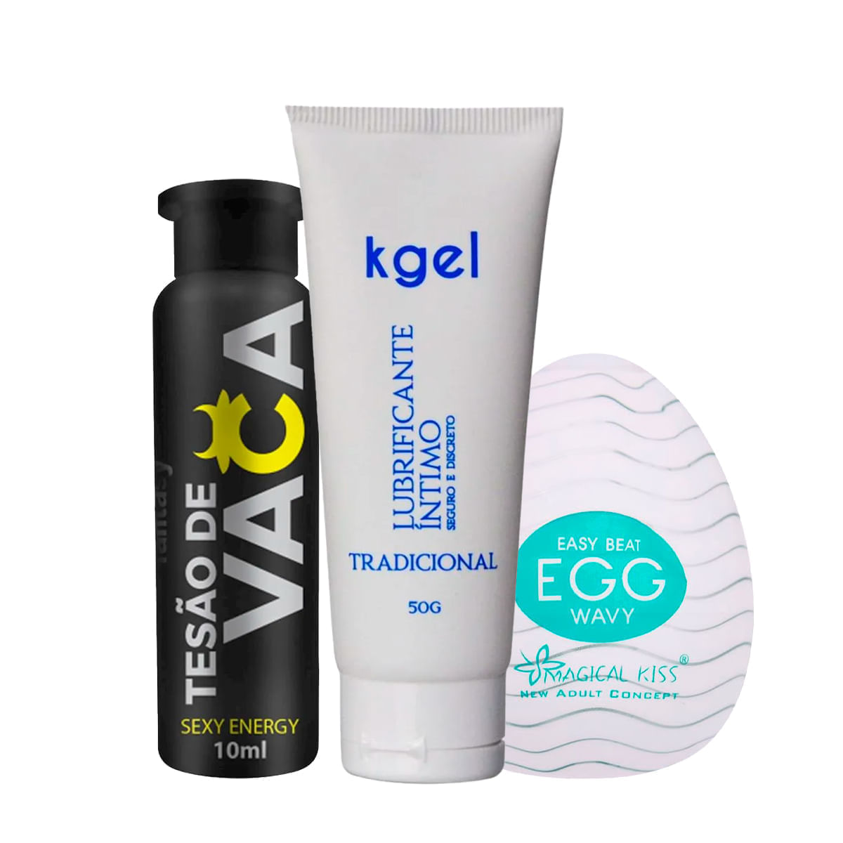 Kit com Tesão de Vaca Afrodisíaco KGEL Lubrificante e Egg Wavy Masturbador