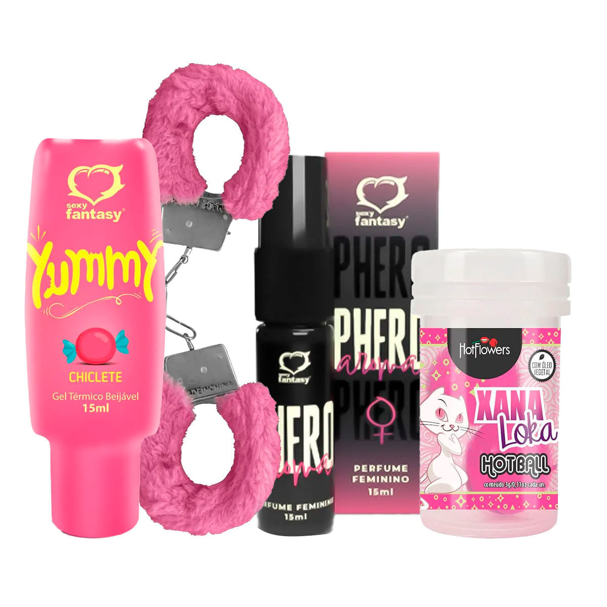 Kit com Perfume Phero Aroma Feminino Hot Ball Xana Loka Algema Fur Love Cuffs e Yummy