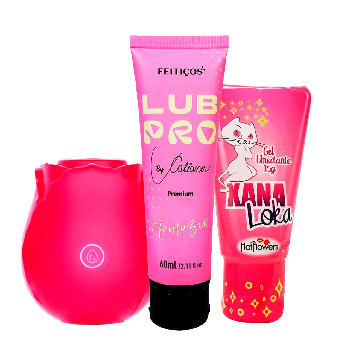 Kit com Lubrificante LubPro Momozin Estimulador de Clitóris em Formato de Rosa e Xana Loka