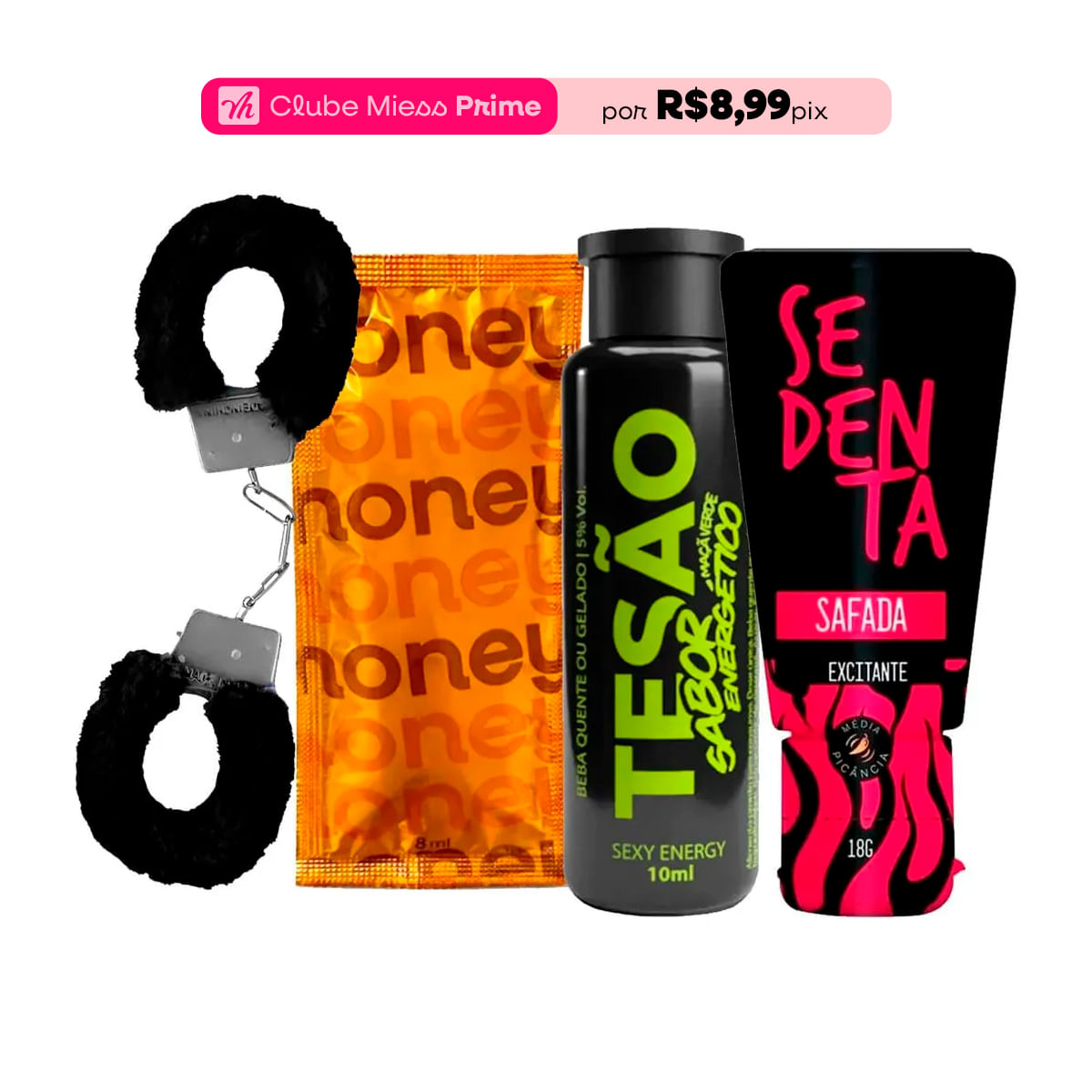 Kit com MyHoney Tesão Sabor Energético Algema Revestida de Pelúcia e Sedenta Safada