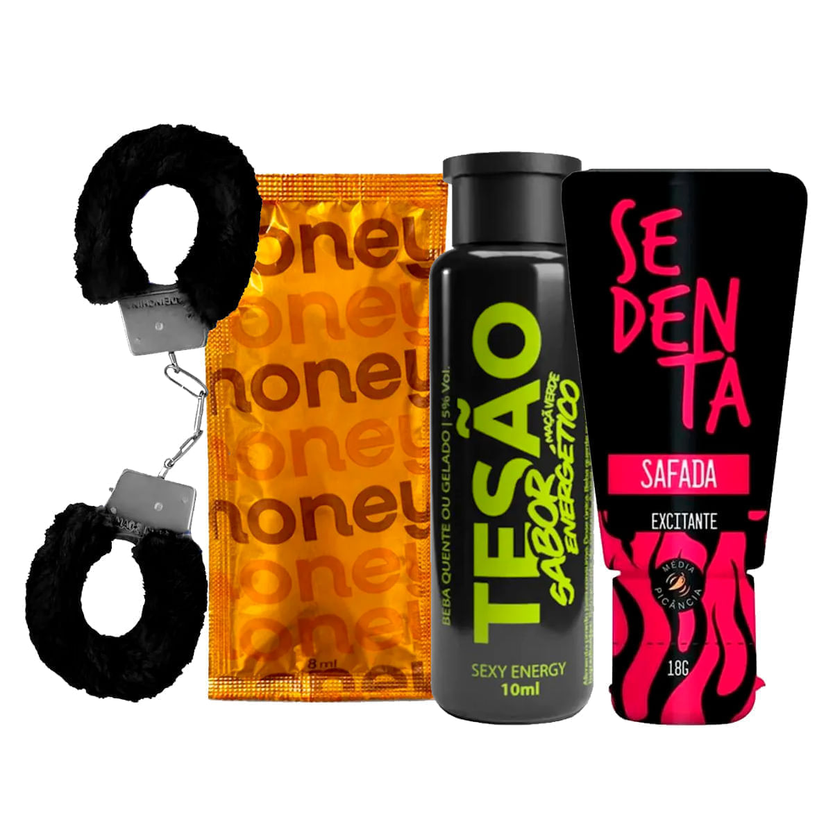 Kit com MyHoney Tesão Sabor Energético Algema Revestida de Pelúcia e Sedenta Safada