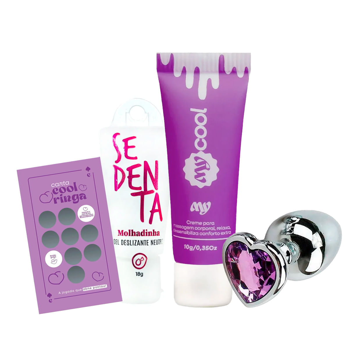 Kit com MyCool Creme Dessensibilizante Plug Anal M Sedenta Molhadinha e Raspadinha