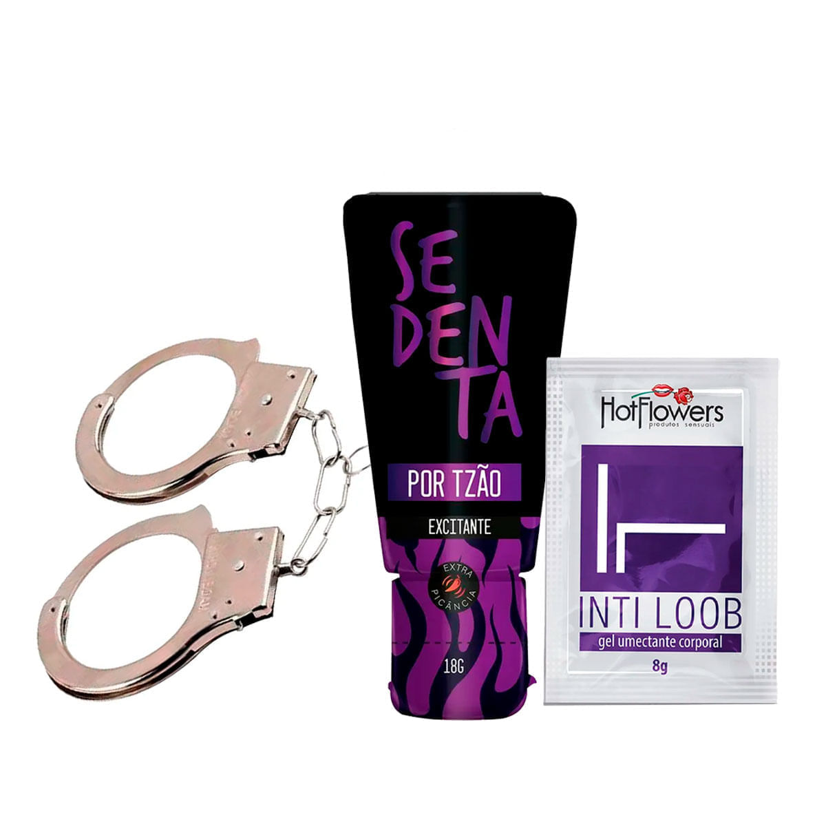 Kit com Algema de Metal Inti Loob Lubrificante e Sedenta por Tesão Excitante