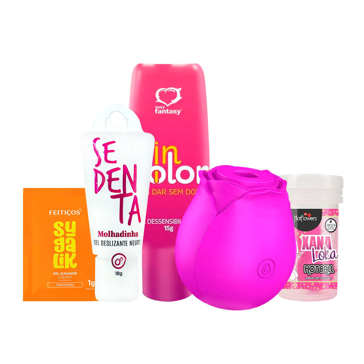 Kit com Sedenta Molhadinha InDolor Hot Ball Xana Loka Sachê Sugalik e Rosa