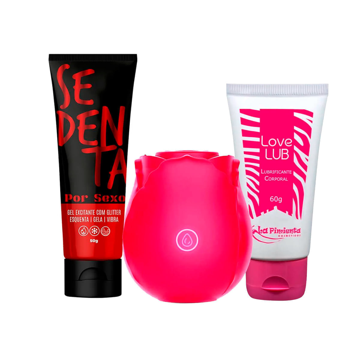 Kit com Lubrificante Love Lub Sedenta Por Sexo e Estimulador de Clitóris em Formato de Rosa