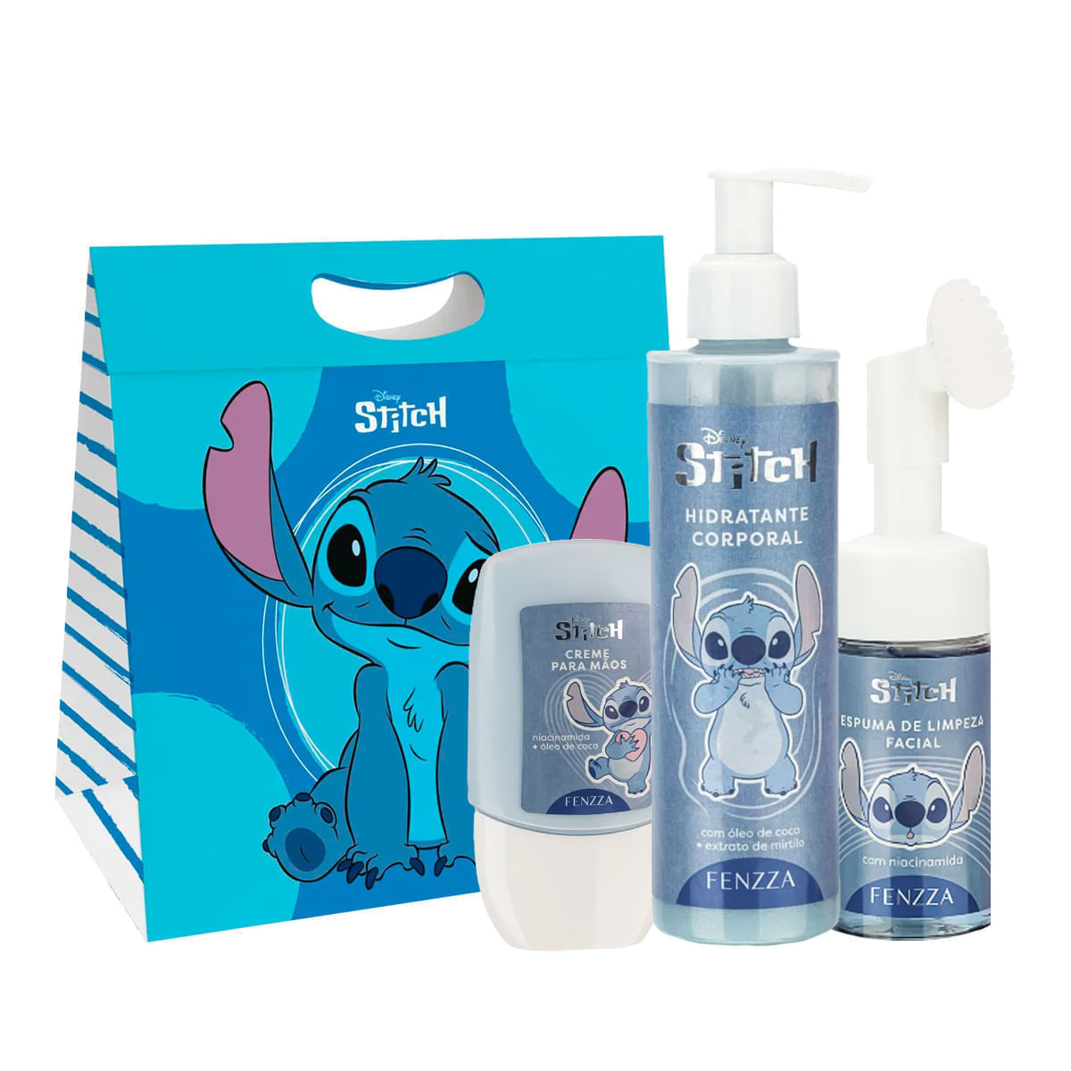 Kit Temático Stitch com Creme Hidratante para Mãos Espuma de Limpeza Facial e Hidratante Corporal
