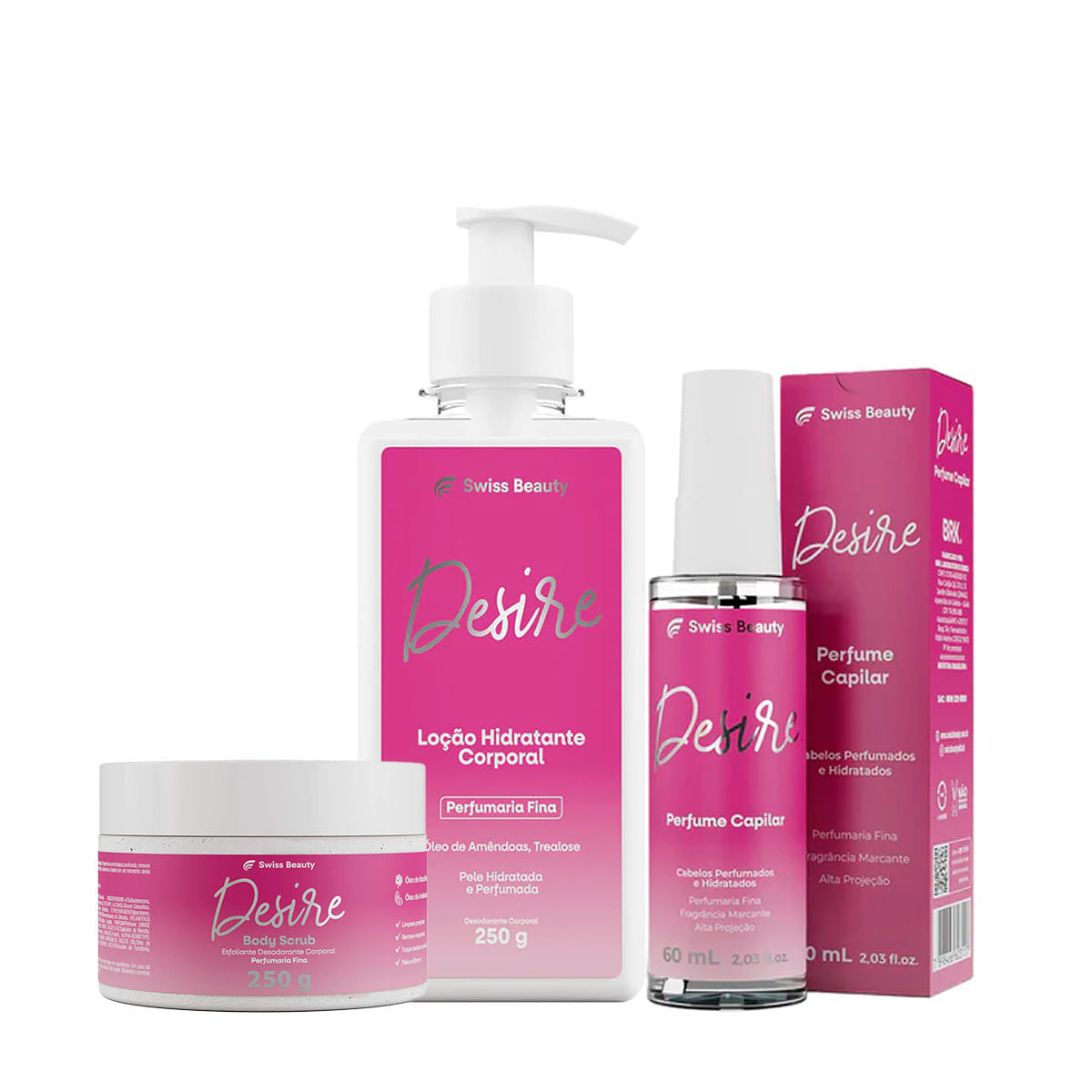 Kits Autocuidado com Esfoliante Hidratante Perfume Capilar Desiré