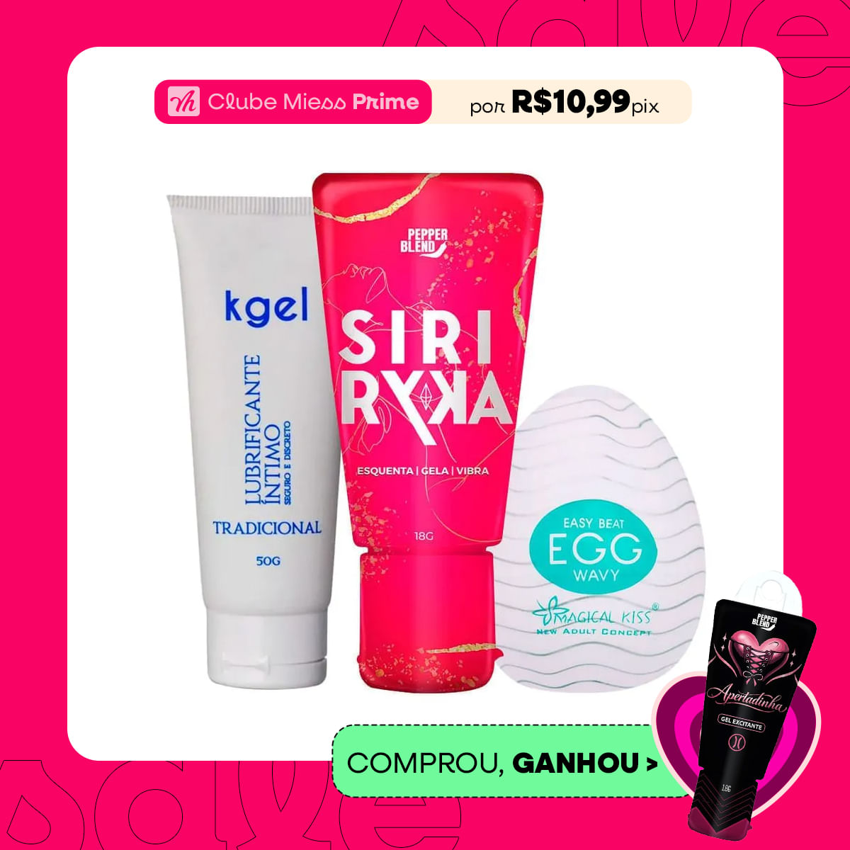Kit com Siri Ryka Excitante KGEL Lubrificante e Egg Wavy Masturbador